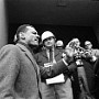 C.T. Vivian, integration leader, left, leads a prayer on the courthouse steps in Selma, Ala. on Feb. 5, 1965, after Sheriff James Clark, background with helmet, stopped him at the door with a court order. Vivian led hundreds of demonstrators armed with petitions asking longer voter registration hours. Clark arrested them when they refused to disperse. Six months before his death in June 2007, Clark, whose violent clashes with civil rights activists in Selma angered a nation, gave a statement defending a former state trooper accused of committing murder during a 1965 protest. (AP Photo/Horace Cort)
